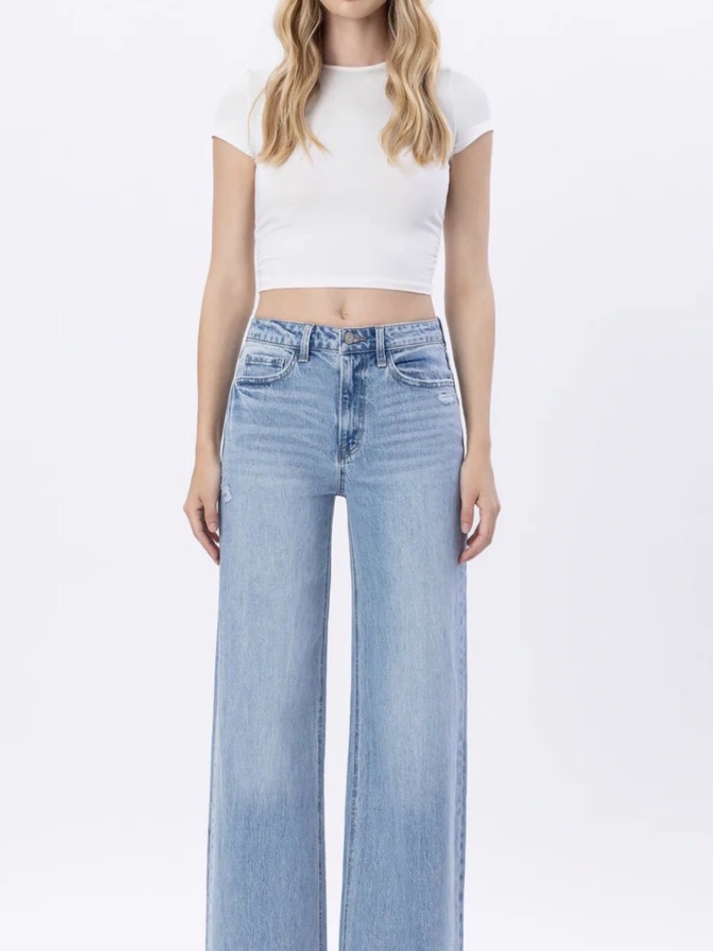 Jubilant High Rise Cuffed Baggy Jean by Vervet in Light Blue